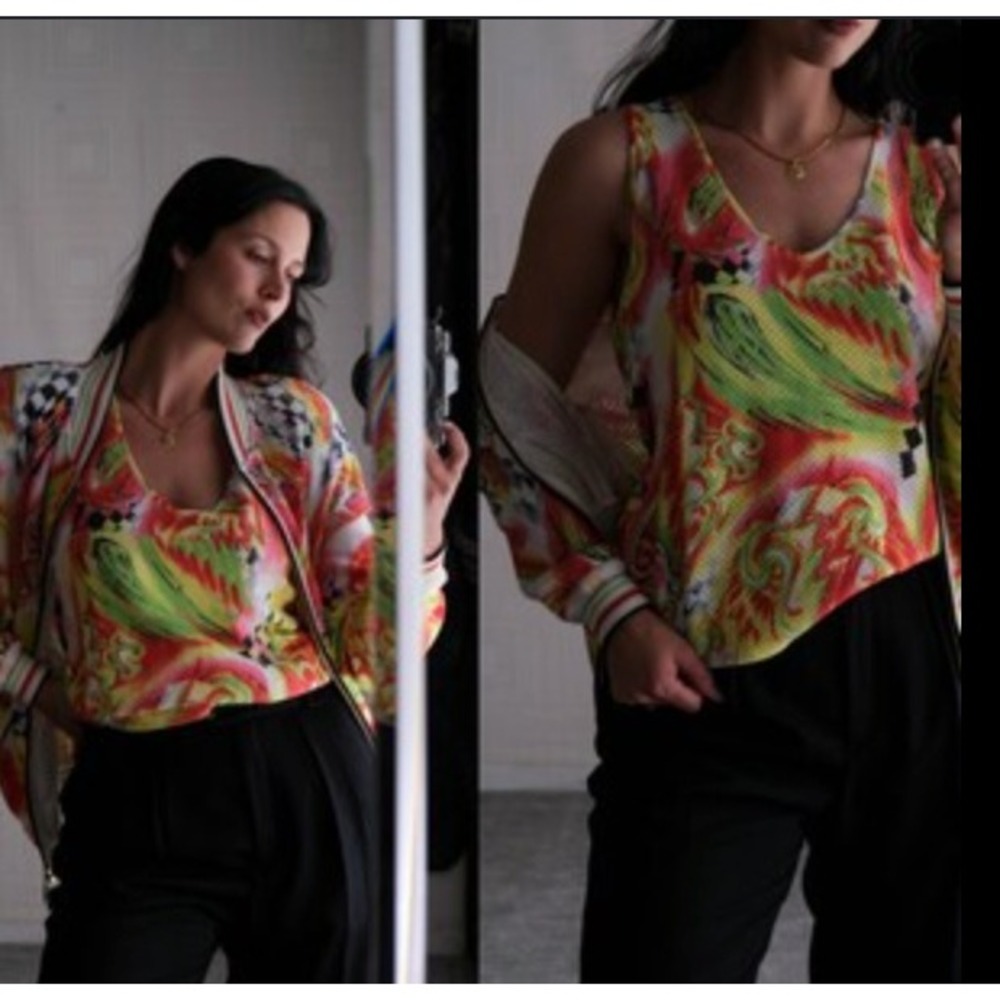 Vintage 90s ESCADA Fluorescent Air Brush Graffiti Racing Print Mesh Top Size 44